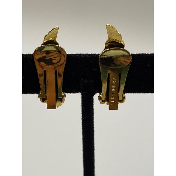 Vintage Leru Green Cabochon Gold-Tone Clip-On Earrings J0260 - Picture 8 of 11